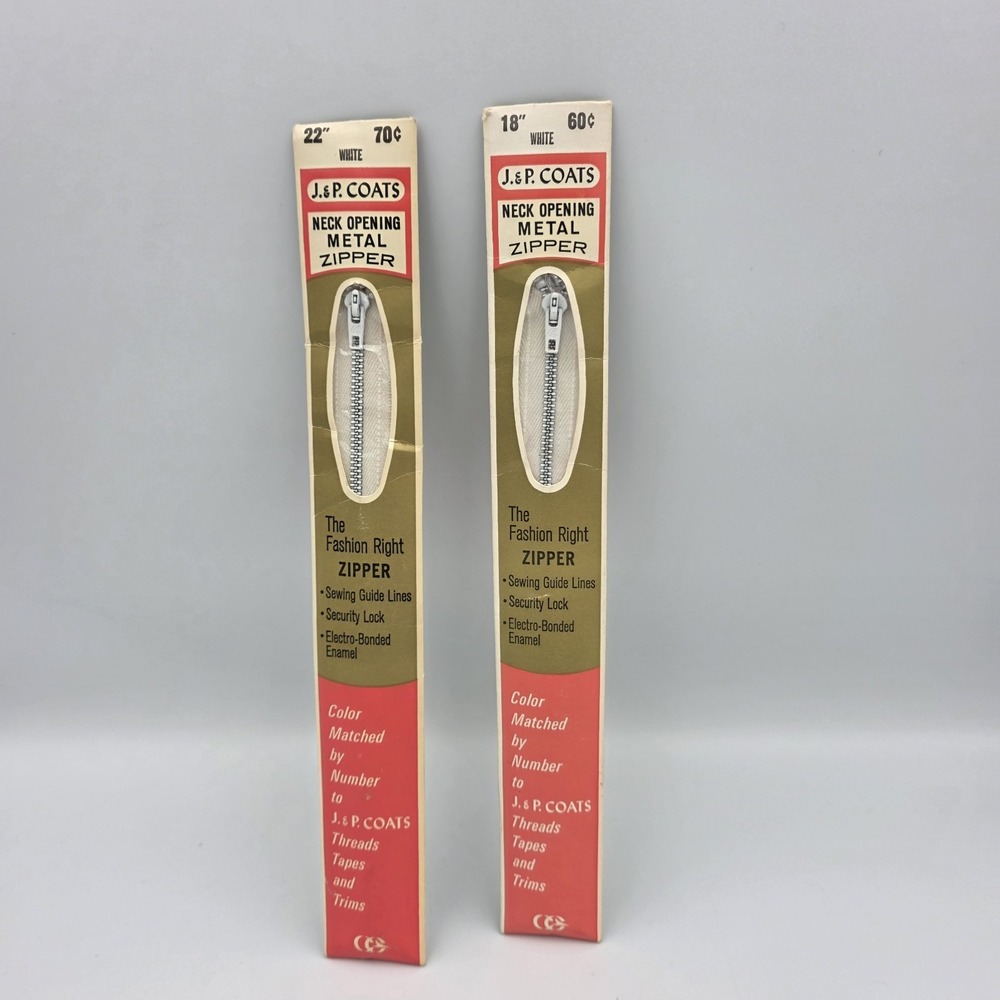 2 ~ Vintage J & P Coats Neck Opening Metal Zippers 18" & 22" White - Picture 1 of 4